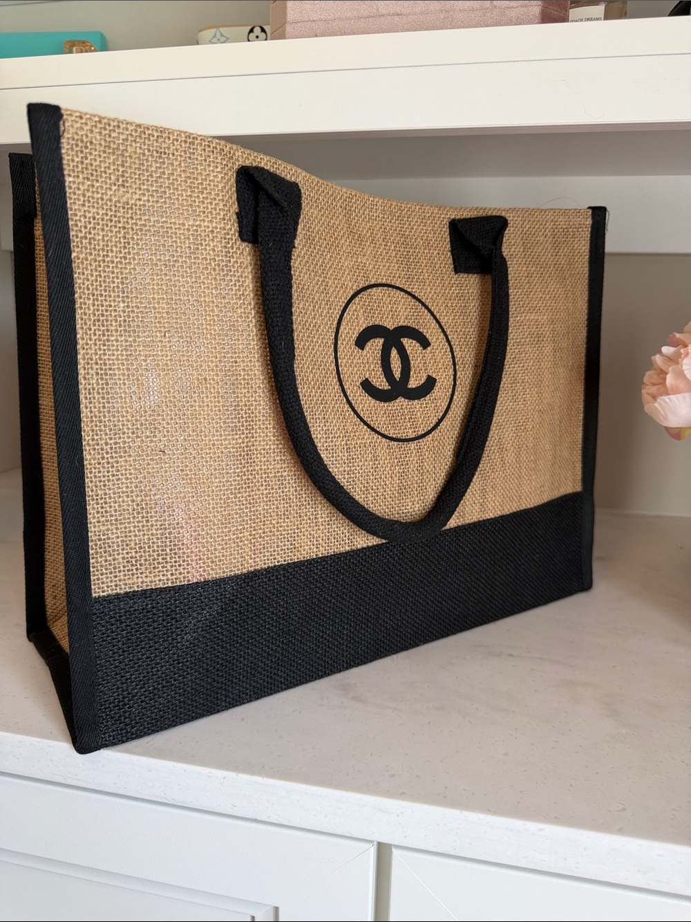 Natural Burlap Tote with Black Trim and Handles - Picture 2 of 9